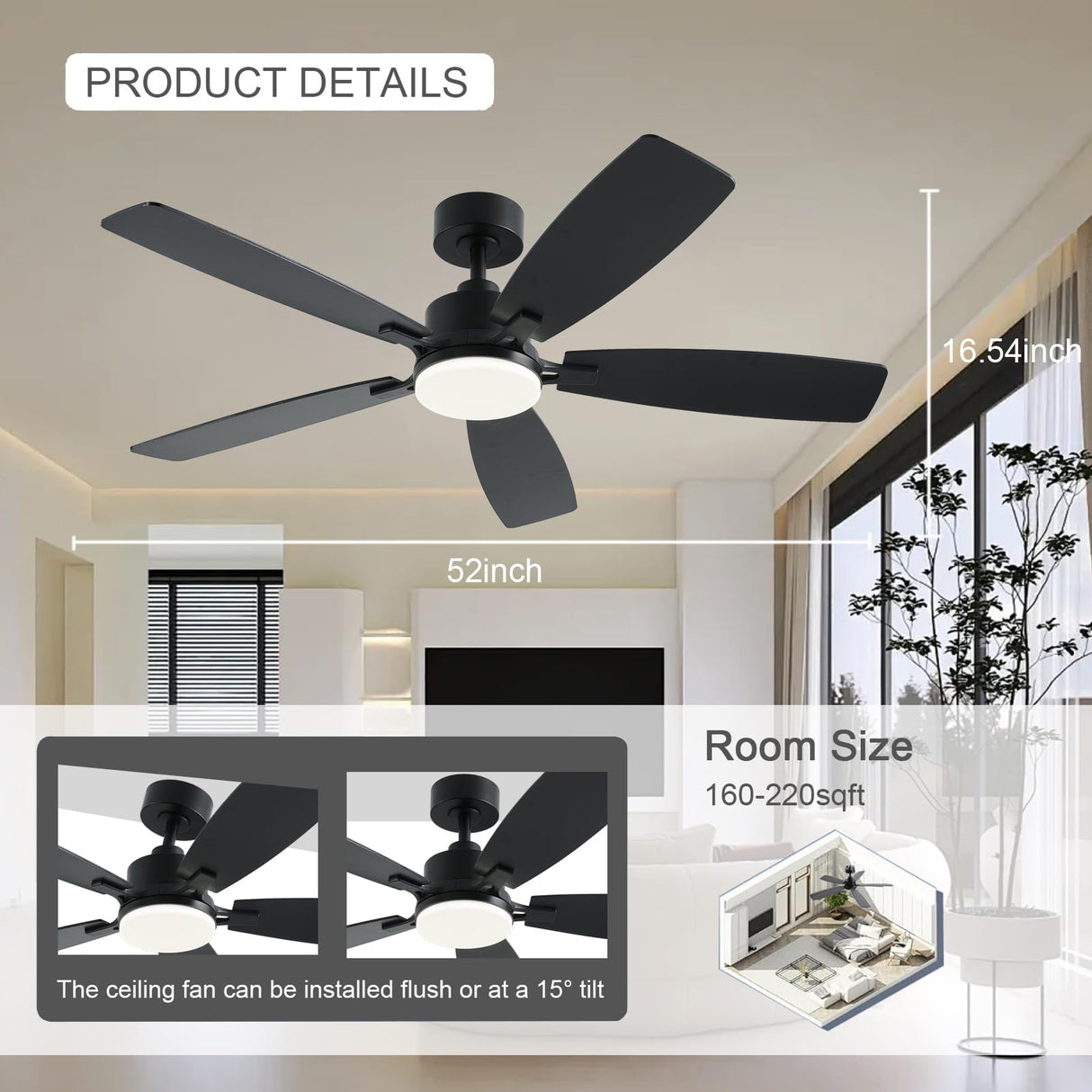 NKPU 52 Inch Ceiling Fans with Lights and Remote/App Control, Low Profile Ceiling Fan with 2 Downrods, DC Reversible, Dimmable, Dual-Sided Blades Modern Black Ceiling Fan for Bedroom Livingroom NKPU