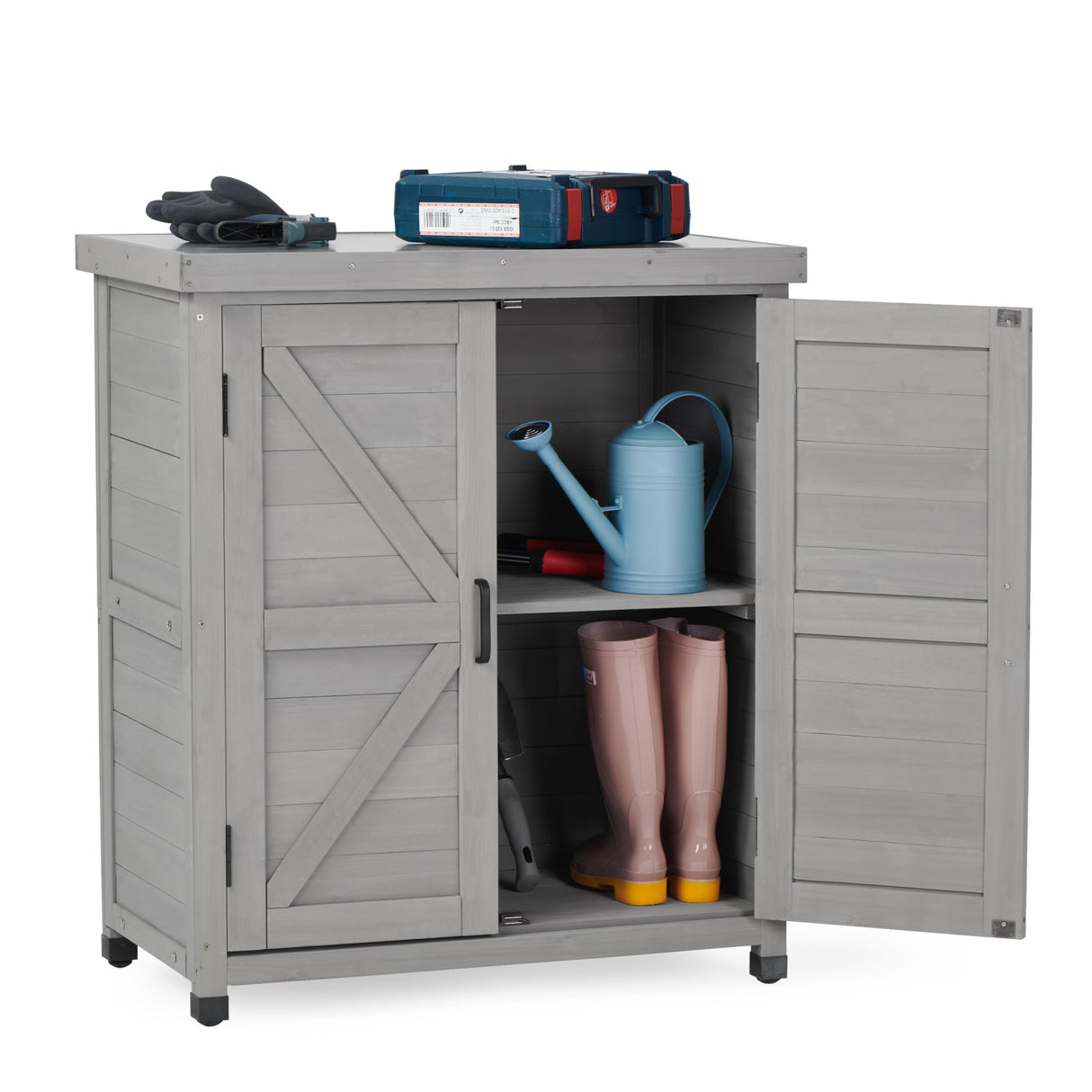 Outdoor Potting Bench with Storage Cabinet and Metal Top, Wood Workstation for Outdoor Patio, Garden (Classic Grey, 31x17x36‘’) Wood-Natrl