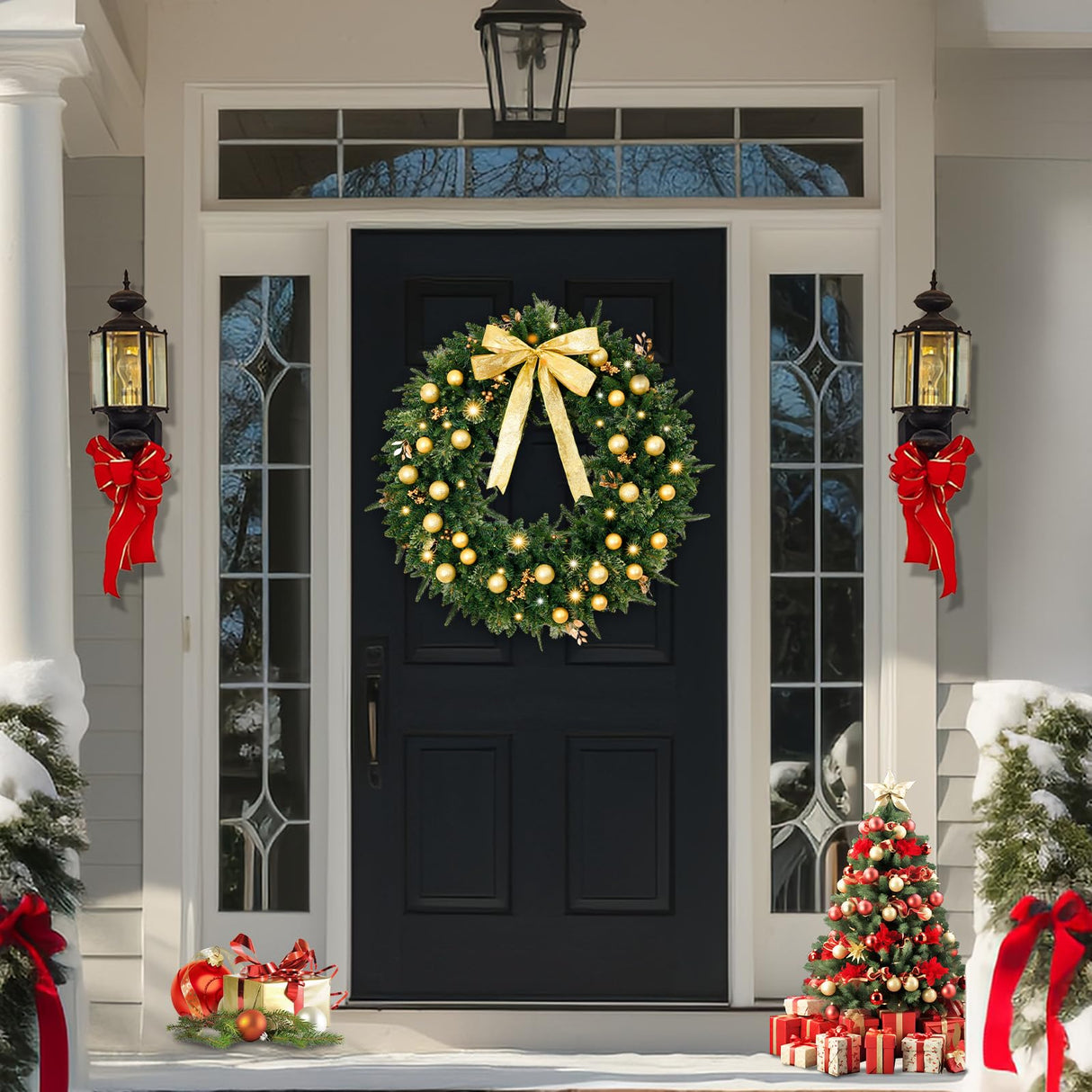 VINGLI 36 Inch Prelit Christmas Wreath, Lighted Christmas Wreath for Front Door, Window, Fireplaces, Indoor Decorate, with 100 LED Lights, 350 Tips, Bow, Pine Cones, Gold Ornaments (Plug-in) VINGLI