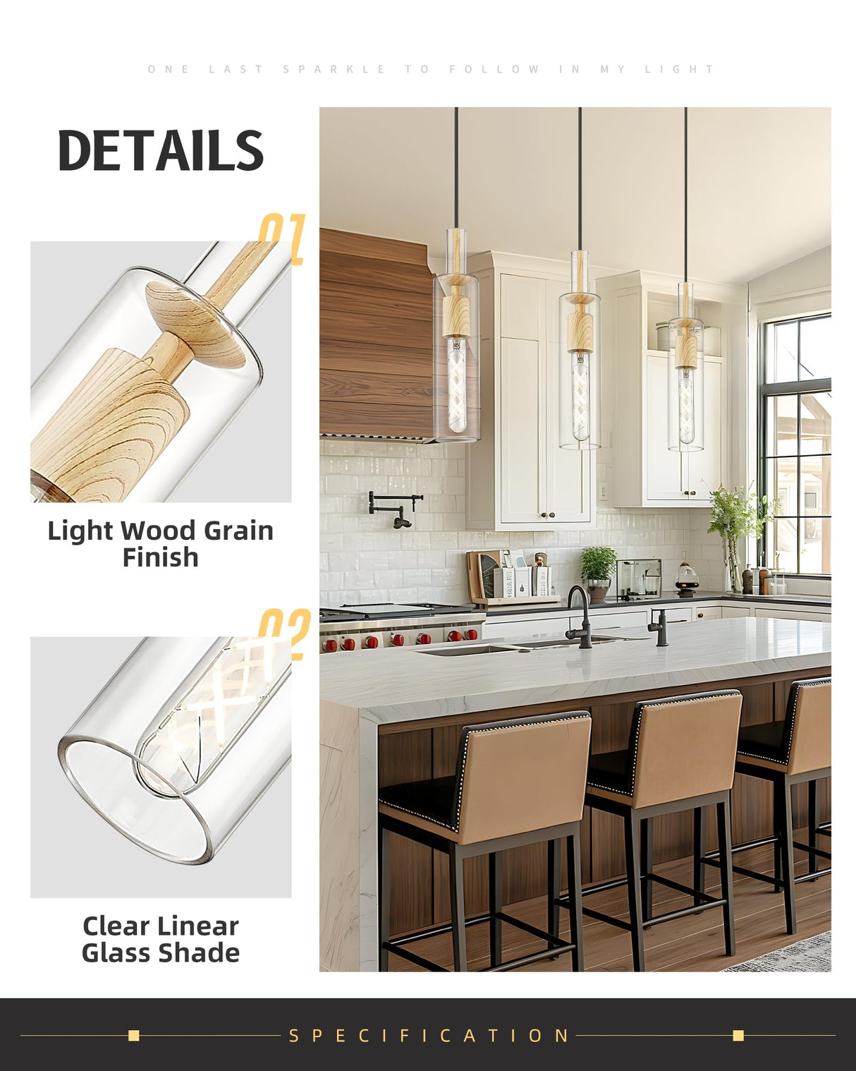 AUTELO 1-Light Pendant Lights - Vintage Pendant Lights Kitchen Island, Light Wood Grain Hanging Light with Clear Cylinder Glass, Pendant Light Fixtures for Kitchen Island Dining Room Bathroom H3875 LW AUTELO