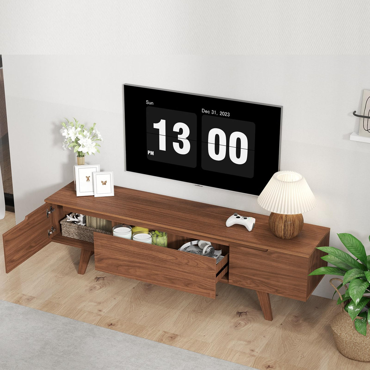 ANJ Mid Century TV Stand, Modern Long TV Console for 80 inch TV, Entertainment Center with Ample Large Storage Cabinet, Wooden Television Furniture for Living Room (Walnut 70") ANJ