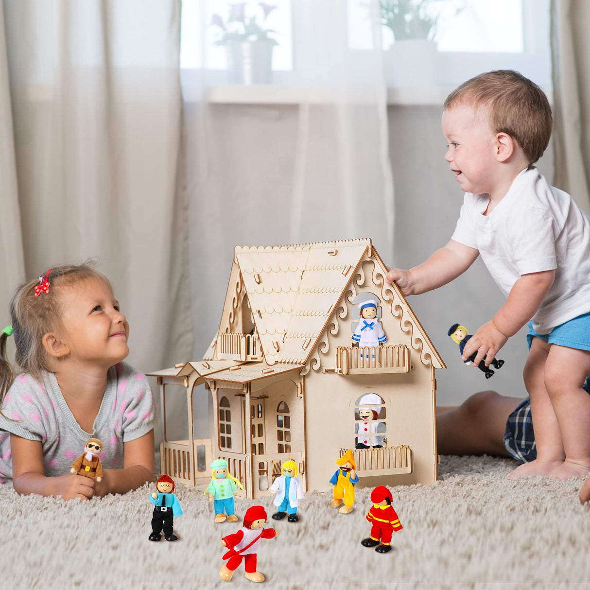 Skylety 10 Pcs Wooden Dollhouse Set of Mini People Figures Dollhouse Dolls Wooden Doll Pretend Play Figures Accessories(Fresh Style) Skylety