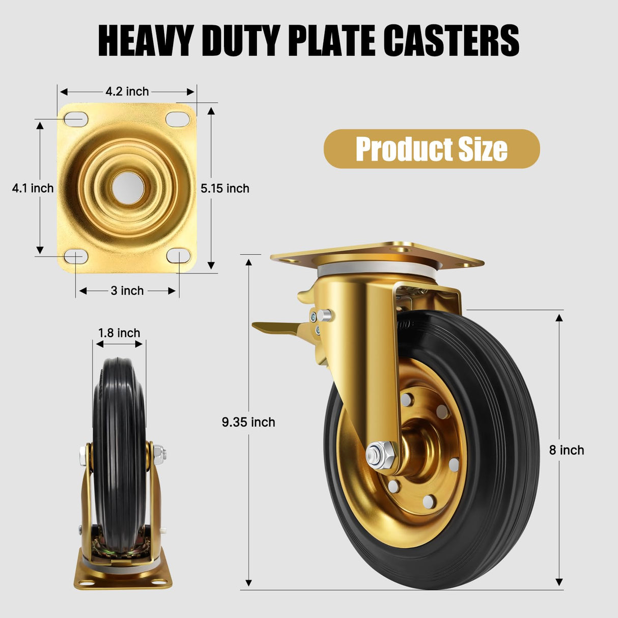 WBD WEIBIDA 8 In Heavy Duty Plate Casters Set of 4, 3200 Lbs Industrial Rubber Wheels for Cart Furniture and Workbench,Outdoor Castors Dual Locking Replacement (4 Brakes, Free Spanner) W B D WEIBIDA