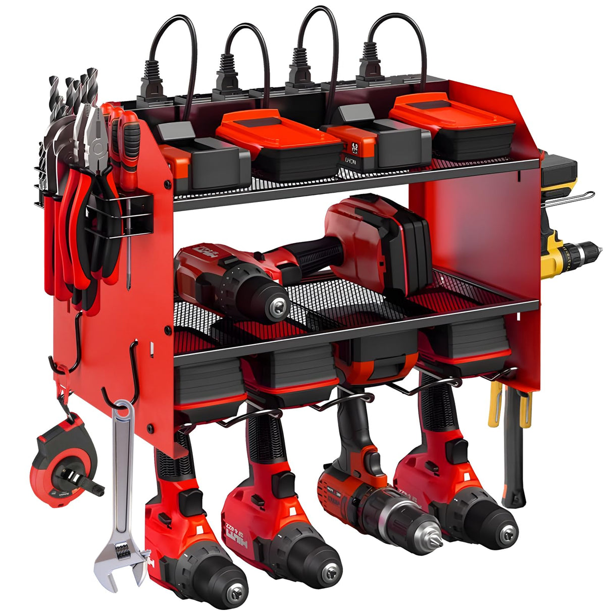 Power Tool Organizer wtih Charging Station,3 Layers Storage Rack with Screwdriver Rack 6 Drill Holders 8 Outlets Max Load 110lbs,for Workshop Garage Organizers and Storage Tool Battery Holder (Red) YOUNITA