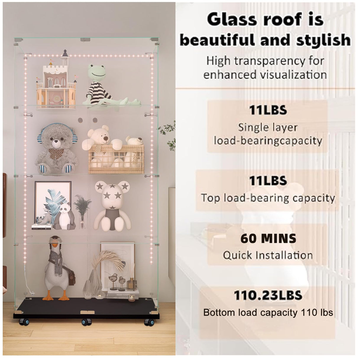 Glass Display Cabinet with 12 Color Lights and Lock 4-Tier 2-Door Curio Cabinets with Wheels Full Vision Showcase Tempered Glass Display Case for Living Room Bedroom Office, 65"*30.9"*13.6"Black Buzleer