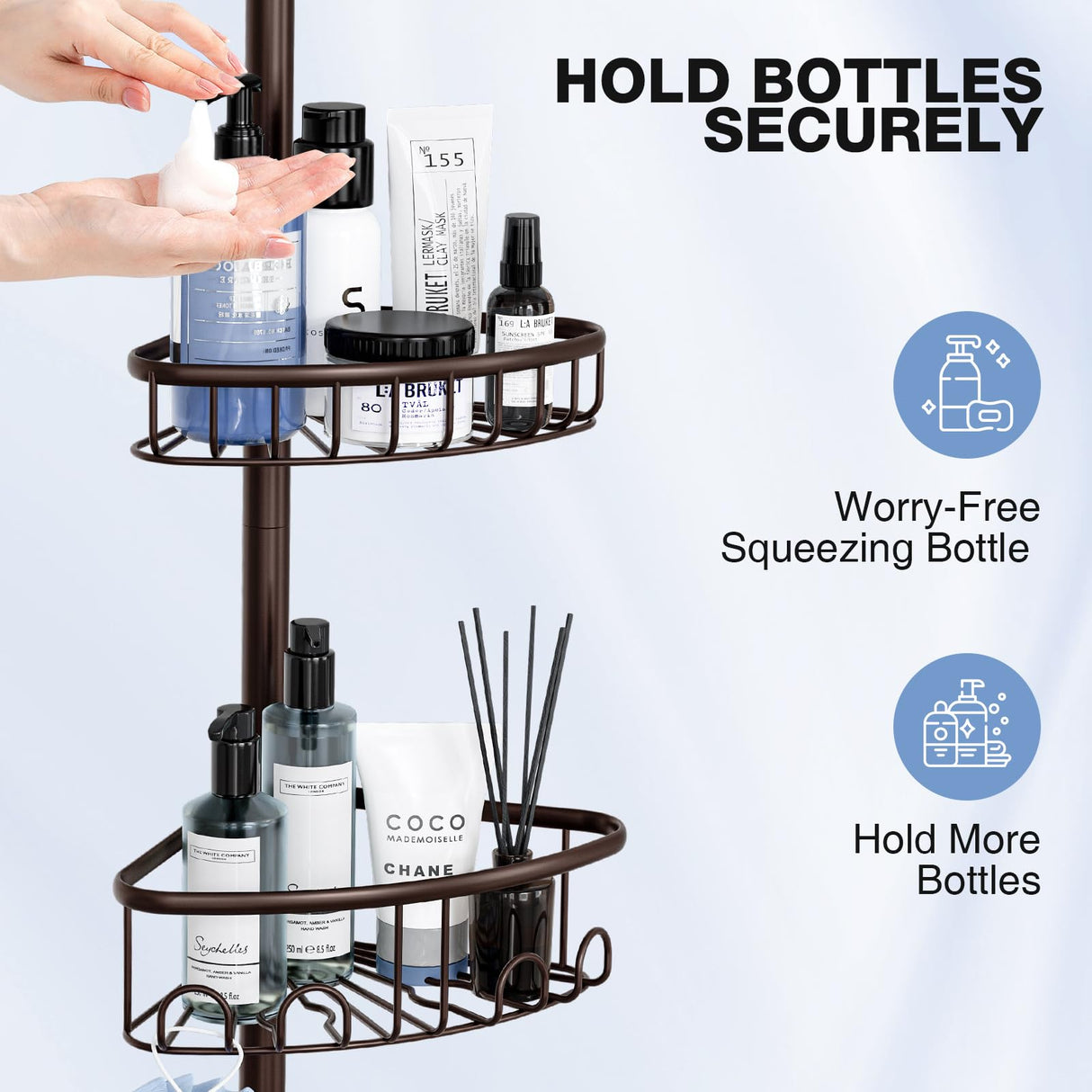 Corner Shower Caddy Tension Pole: Stainless Steel Rustproof 4-Tier Shower Organizer - 47-121 inch Adjustable Bathroom Shelves for Bathtub Shampoo Storage - Tension Rod Floor Standing Bath Rack -Bronze ESSEME