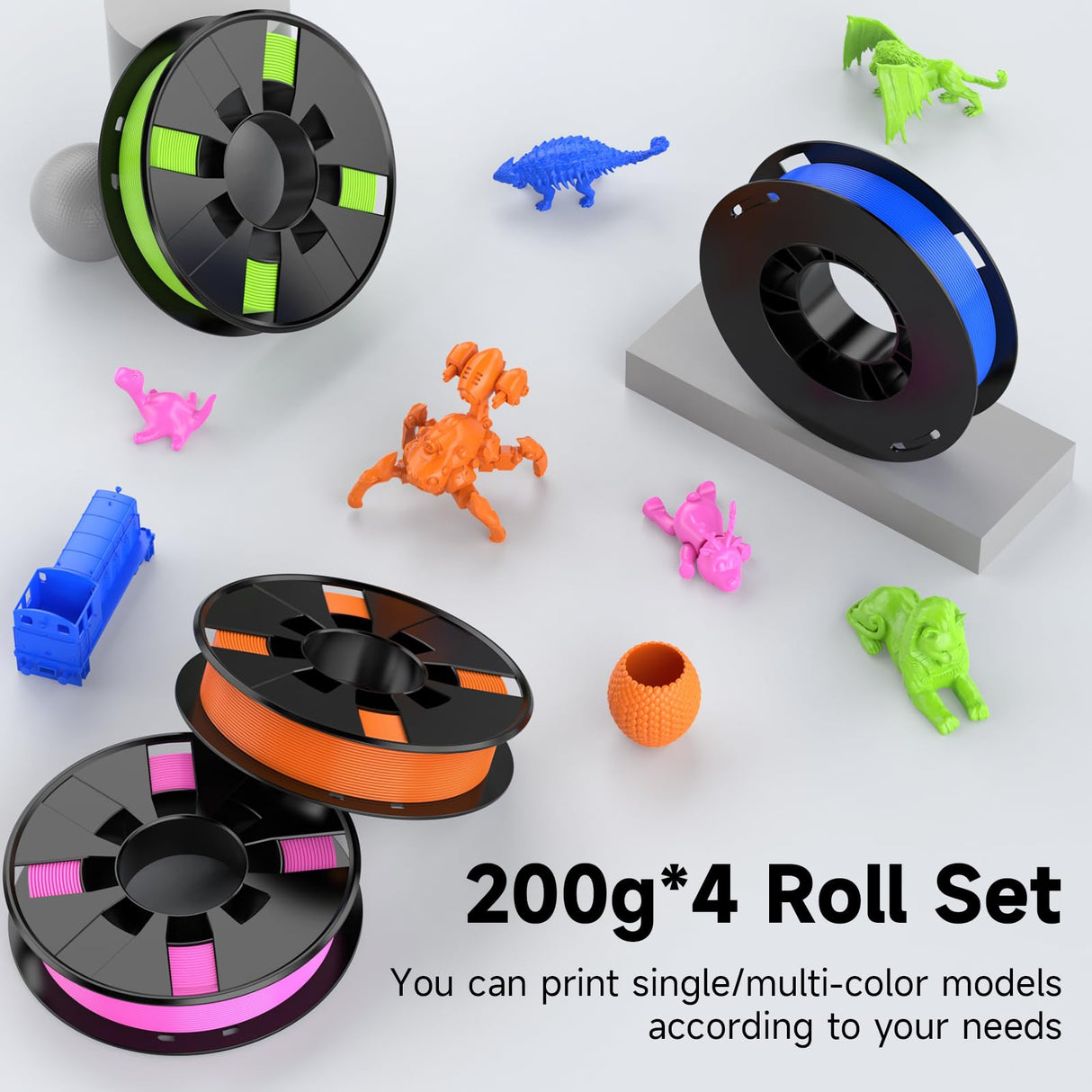 WEEDO PLA Filament 1.75mm Bundle for 3D Printer, 4 Rolls of 200g Bright Green/Orange/Gemstone Blue/Pink 3D Printer Filament, Dimensional Accuracy ±0.02mm, Clog-Free, Smoothly Feeding, Tangle-Free WEEDO