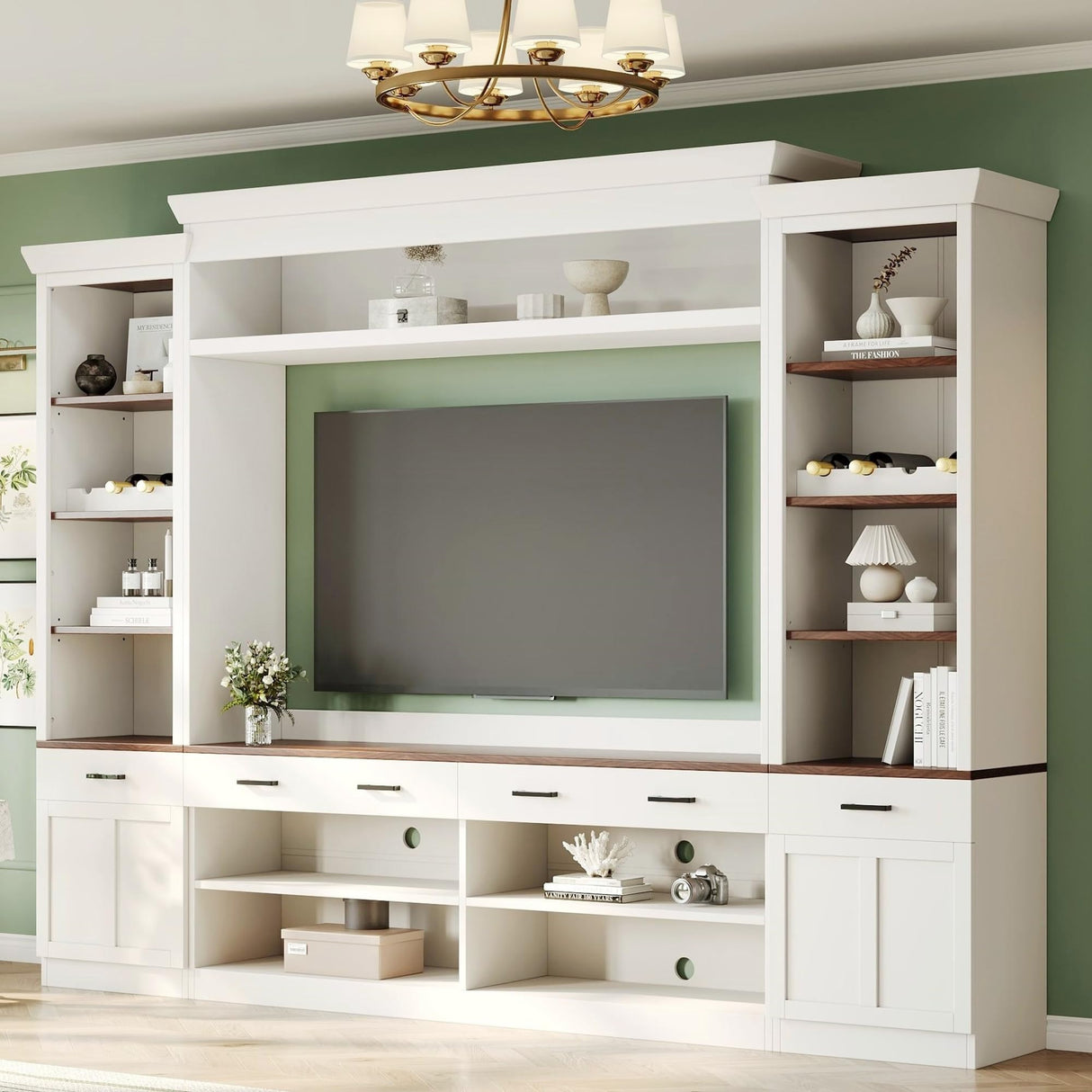 Farmhouse Wall Unit Entertainment Center with Adjustable Shelves and Wine Rack TV Wall Units for Living Room with Storage Bookshelf and Cabinet Large Media Console Entertainment Center - White MaiDeHaoo