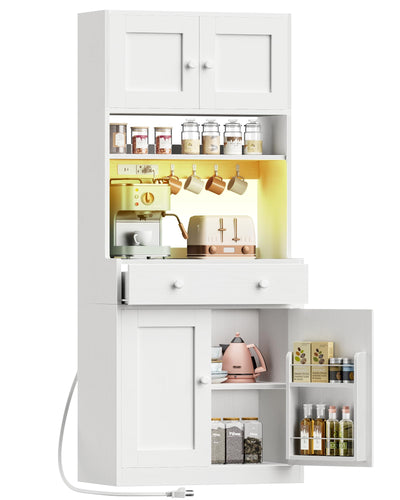 Pantry Cabinet with Power Outlet & LED Light, Tall 71 inch Kitchen Storage Shelves with Drawer, Coffee Bar Table with Doors & Adjustable Shelves, Freestanding Cupboard Bakers Rack with Hutch, White