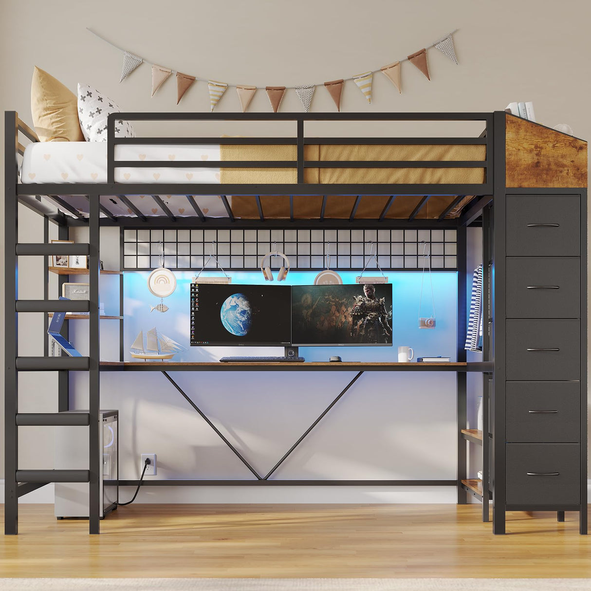 VIAGDO Loft Bed Twin Size with Hall Tree, Charging Station and LED Lights, Metal Loft Bed with L-Shaped Desk, 5 Storage Drawers, Heavy Duty Twin Size Bed with Stairs, No Box Spring Needed, Black VIAGDO
