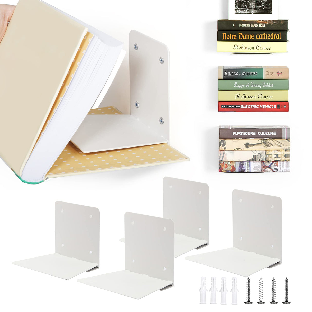 STO STO Floating Bookshelves for Wall, 4-Pack Invisible Wall-Mounted Bookshelves, Multifunctional Walls Shelves for Bedroom, Office and Library, White STO STO