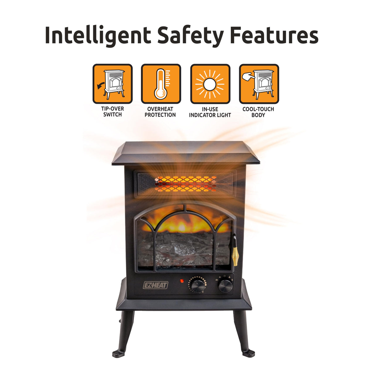 EZ-HEAT Electric Fireplace Space Heater with Flame Effect, Adjustable Thermostat, Dual Heat Settings, and Overheat Protection, MT1288 EZ-HEAT