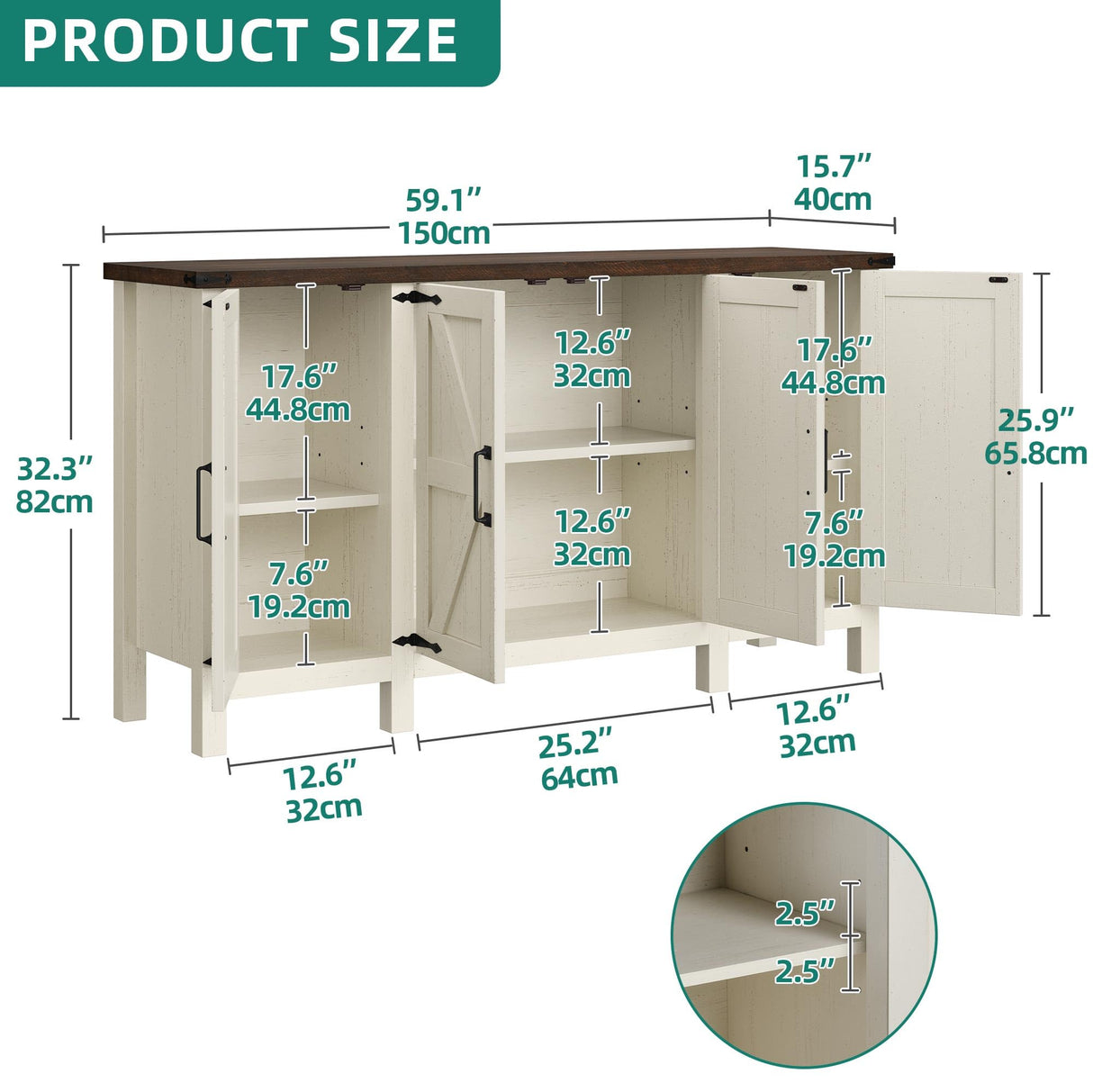 YITAHOME Farmhouse Sideboard Buffet Cabinet with Storage, 59" Kitchen Storage Cabinet with Adjustable Shelves for Living Room, Entryway, Rustic White YITAHOME