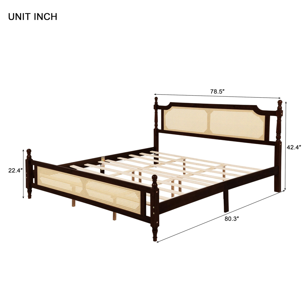 DNChuan King Size Platform Bed with Retro Style Rattan Headboard and Footboard,4-Post Wood Bed Frame with Central Enhanced,No Box Spring Needed, Espresso DNChuan
