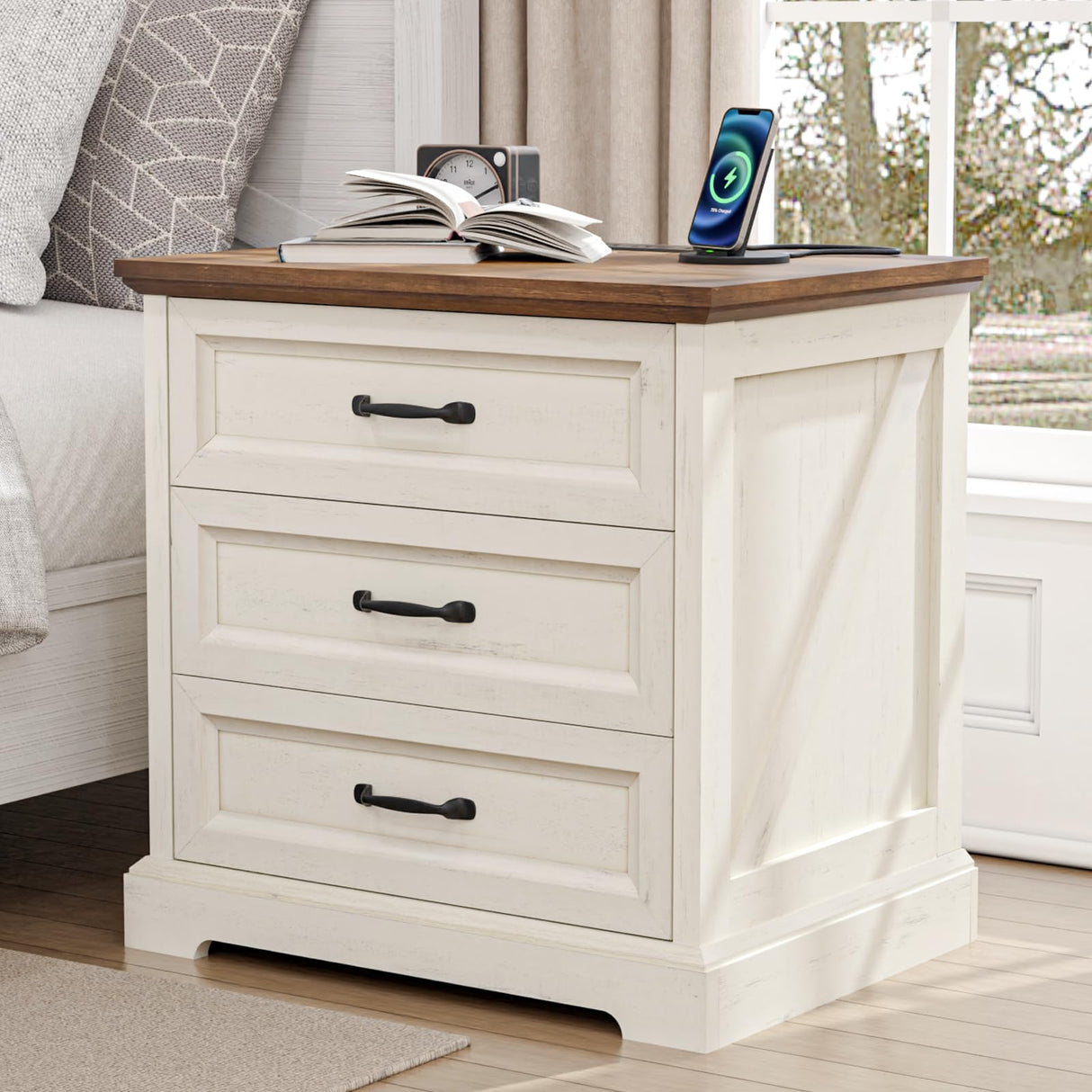 HOMMPA 24'' Farmhouse Nightstand with Charging Station, Bedside Tables with Storage, Side Table with USB Port, 3 Drawers End Table Dresser, Wood Night Stand for Bedroom, Living Room, Rustic White HOMMPA