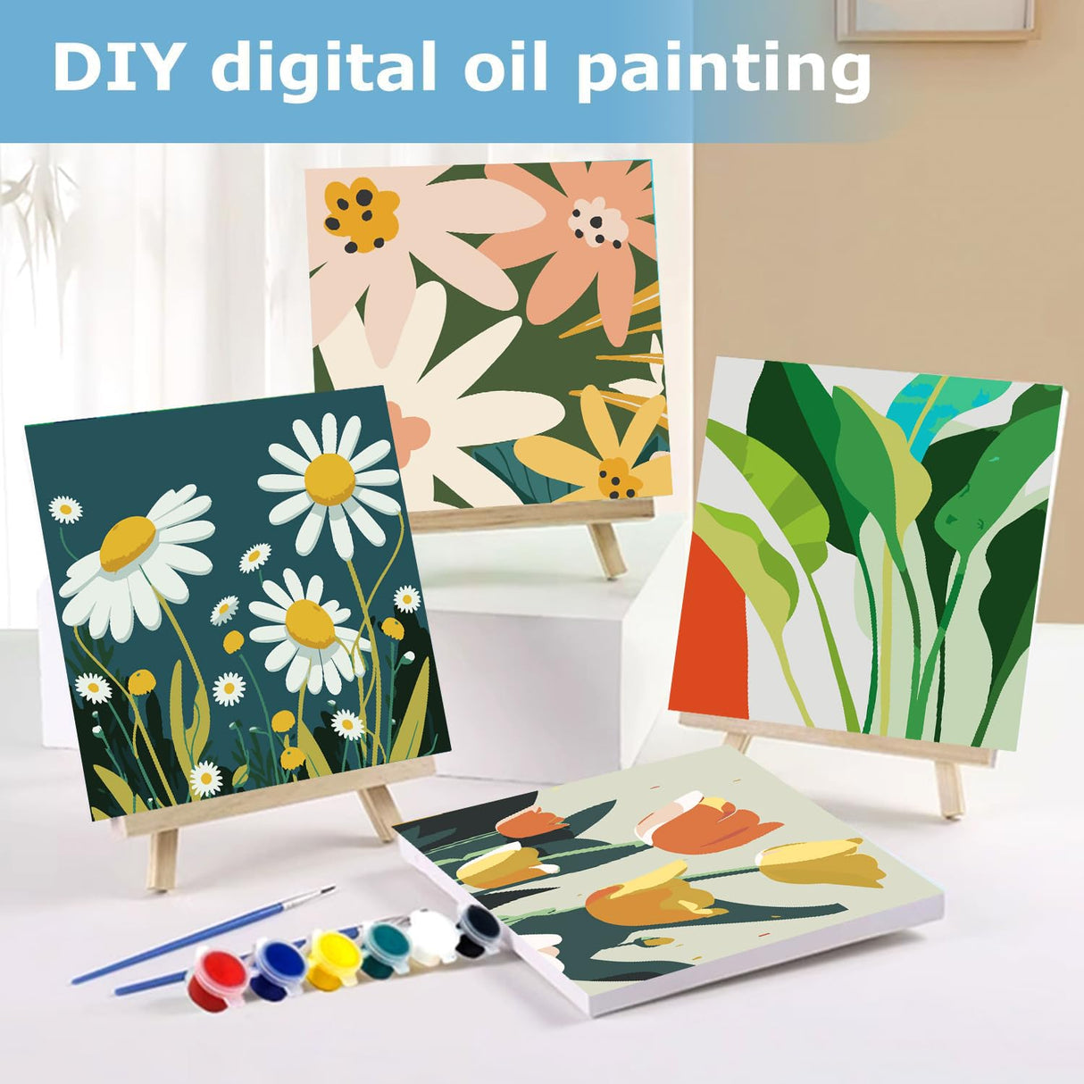 mrpwnle 4 Pack Flowers Paint by Numbers Kit for Adults Beginner Framed-Small Easy Adult Paint by Numbers Kits On Canvas Adults' Paint-by-Number Kits for Home Wall Decor Gift 8X8 Inch mrpwnle