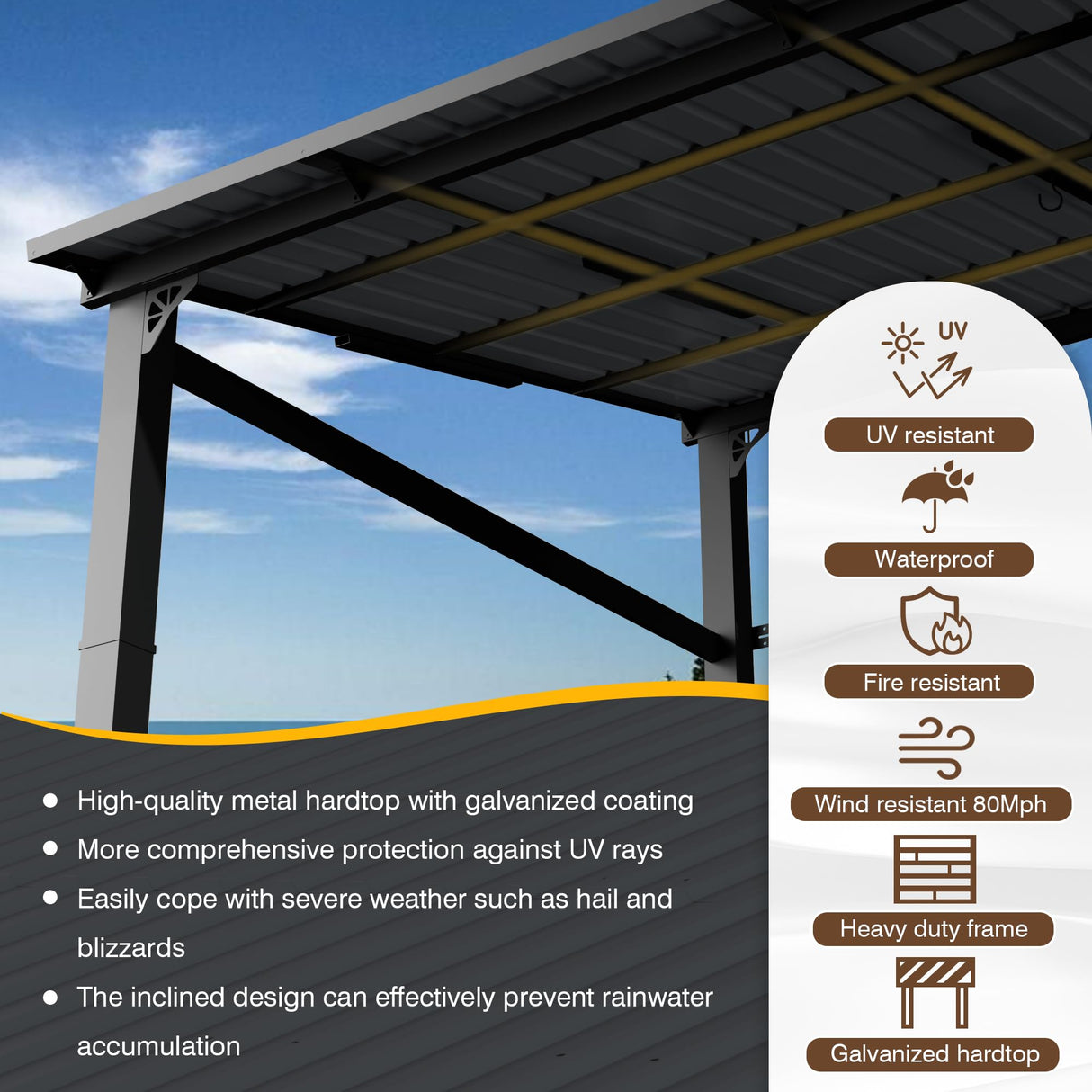 EBE 10' x 8' Hardtop Gazebo, Lean to Gazebos Outdoor Pergola with Galvanized Steel Roof, Wall Mounted Gazebo Pergola, Metal Awning for Patio, Decks, Backyard EBE