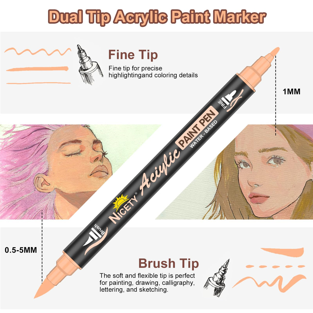 NICETY 32 Acrylic Paint Markers Paint Pens Skin Tone Series Set Brush Tip & Fine Tip for Rock Painting, Wood, Canvas, Glass, Mugs, Metal, DIY Projects(Skin) NICETY