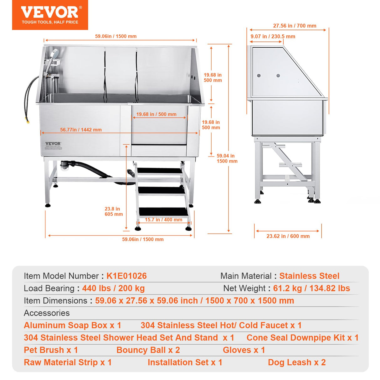 VEVOR 62" Pet Dog Bathing Station w/Stairs, Professional Stainless Steel Dog Grooming Tub w/Soap Box, Faucet,Rich Accessory,Bathtub for Large,Medium,Small Pet, Washing Sink for Home(Right) VEVOR