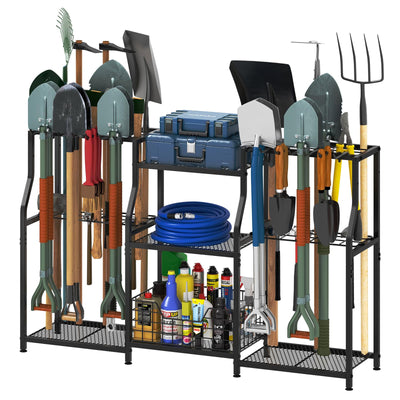 keomaisyto Garden Tool Organizer, Heavy Duty Yard Tool Tower Rack for Garage Organization and Storage, 3 Tier Utility Garden Tool Rack with hooks for Garden/Shed/Garage/Yard/Basement/Lawn