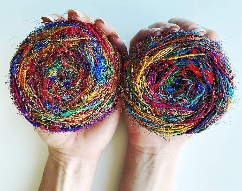 Revolution Fibers Recycled Sari Silk, Multi-Color Pure Silk Yarn, Handspun Used Sari Fabric Ribbon Scraps, Rainbow Yarn for Knitting, Weaving & Crocheting - 100 Grams per Ball Revolution Fibers