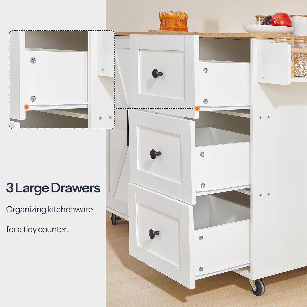 HOOBRO Kitchen Island with Power Outlet, Kitchen Island on Wheels, Rolling Kitchen Island Cart with 3 Drawers, Storage Cabinet and Adjustable Shelf, for Home and Kitchen, White and Natural WN15UZD01 HOOBRO