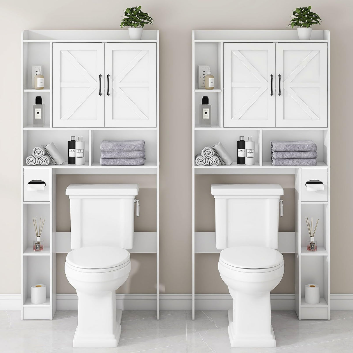 Over The Toilet Storage Cabinet, Farmhouse Storage Cabinet Over Toilet with 2 Barn Door & Toilet Paper Holder Stand,Home Space-Saving Toilet Rack, for Bathroom, Restroom, Laundry Vabches