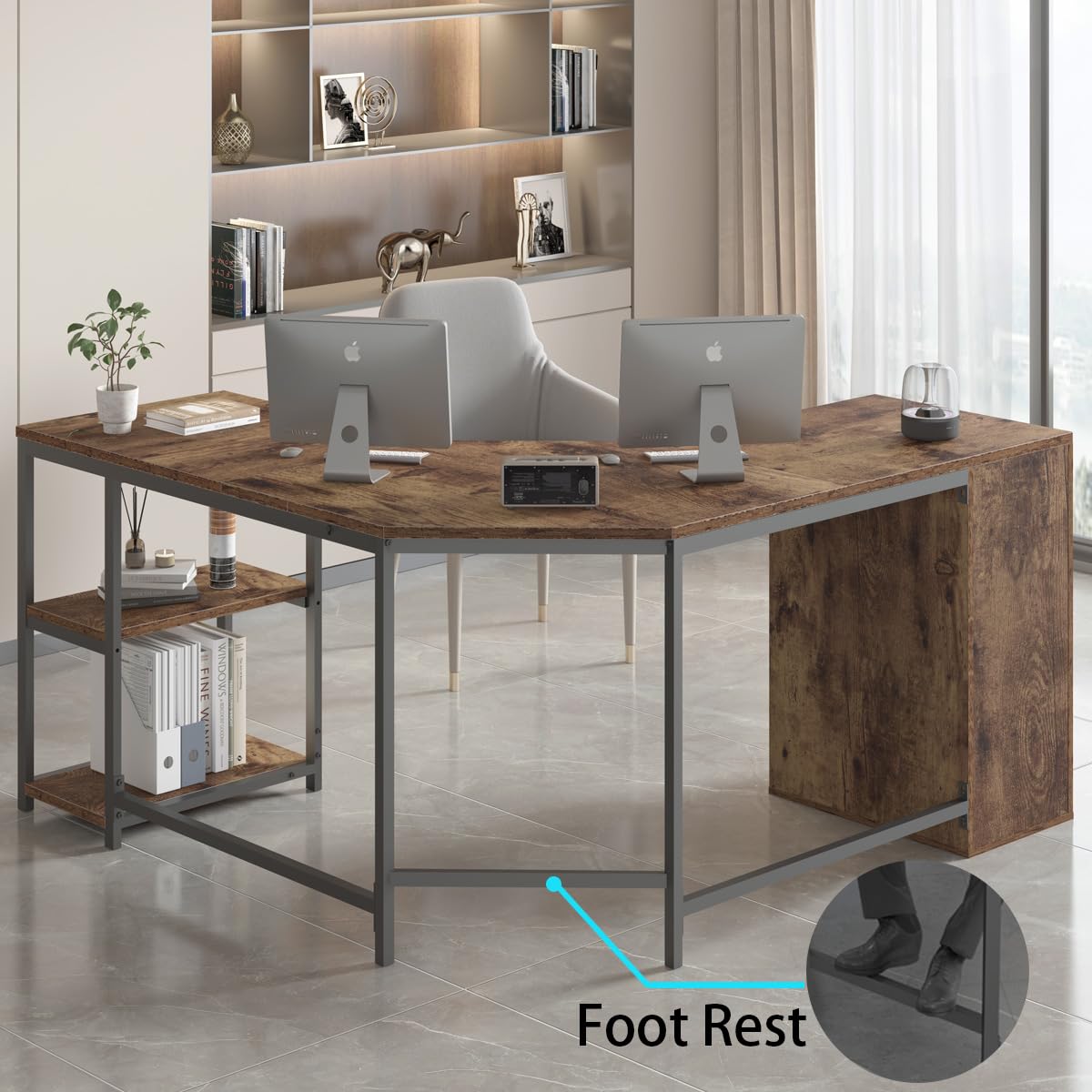 LVB Farmhouse L-shaped Corner Desk with Drawers, Reversible Home Office Executive Desk with Storage Cabinet Shelves, Large Wood Metal L Shaped Table for Work Study Writing Gaming, Rustic Brown, 60 in LVB