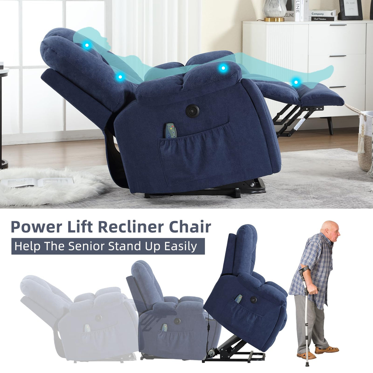 CANMOV Power Lift Recliner Chair with Massage and Heat for Elderly, Overstuffed Wide Recliners, Heavy Duty and Safety Motion Reclining Mechanism with USB Ports, 2 Concealed Cup Holders, Navy Blue CANMOV