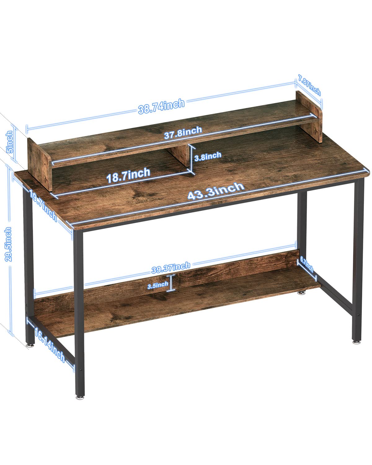 WOODYNLUX 43 Inch Rustic Computer Desk with Shelves for Home Office and Gaming WOODYNLUX