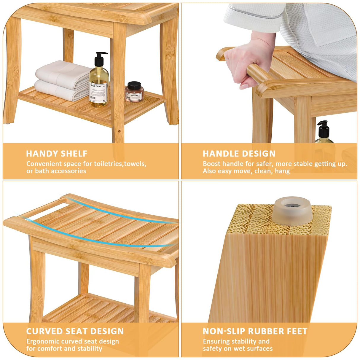 Zhuoyue Bamboo Spa Bath Shower Stool & Bench with Storage Shelf, Shower Bath Seats for Adults Seniors Women Elderly Tileable Zhuoyue