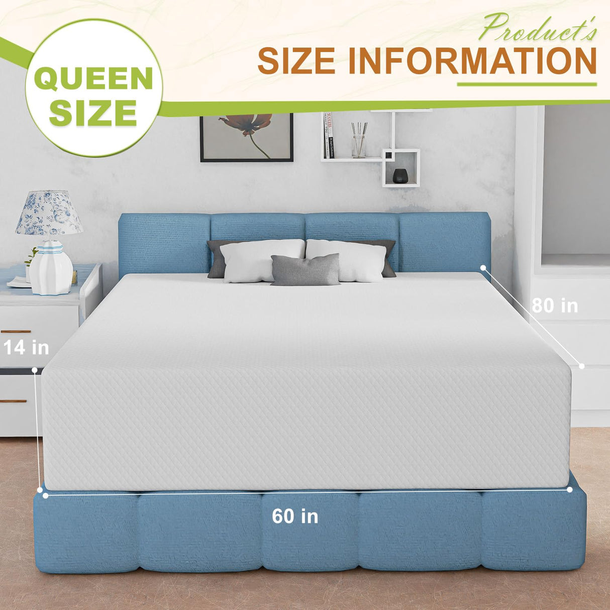 14 Inch Queen Mattress, Gel Memory Foam Queen Size Mattress, Pressure Relieving, Cooling Gel Foam, Queen Mattress in a Box, Certipur-Us Certified, Bed-in-a-Box, Queen, 80"L x 60"W x 14"Th,White NChanmar