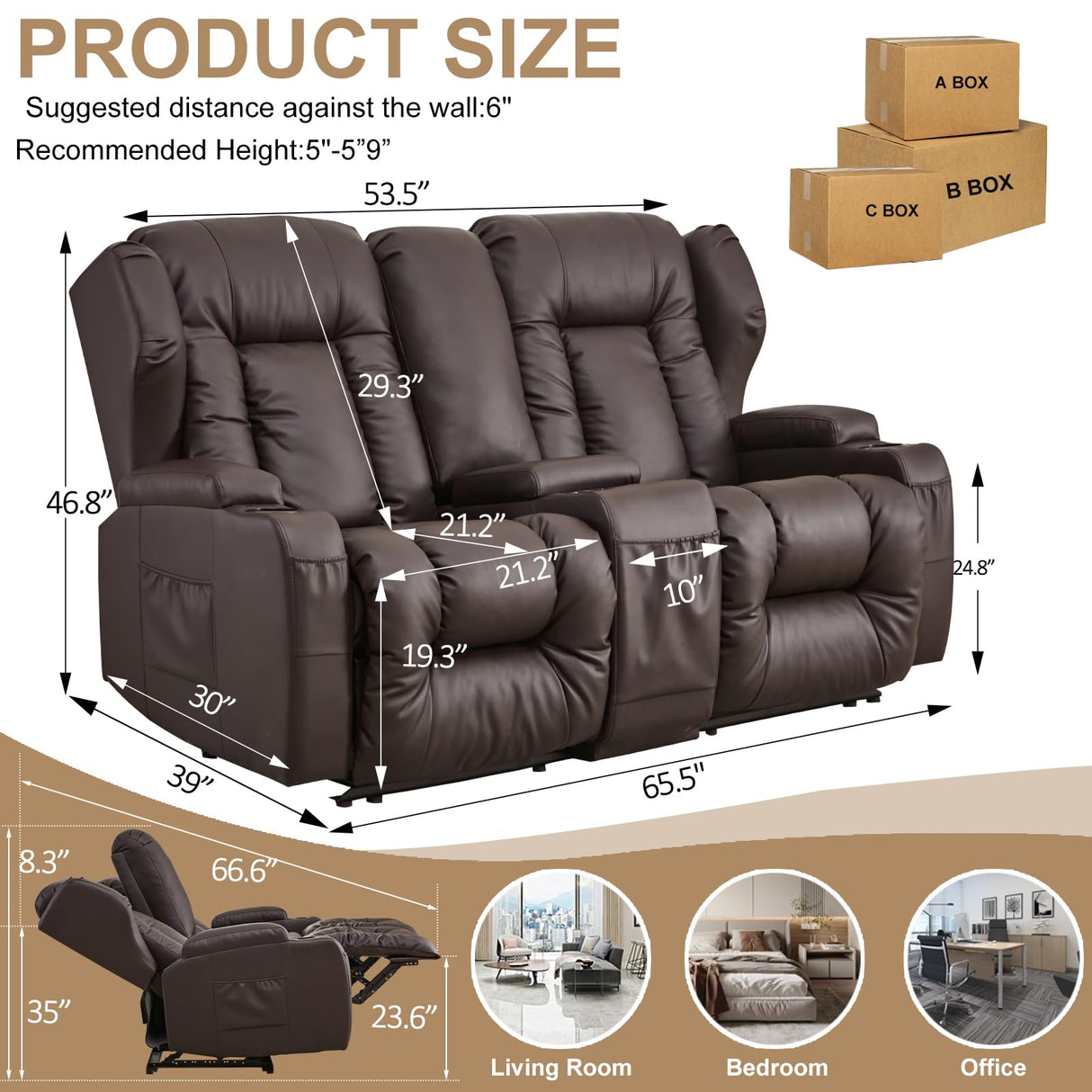 SAMERY 65.5" RV Loveseat Recliner Double Recliner RV Sofa & Console | Wall Hugger Loveseat Reclining RV | RV Theater Seats | RV Couch | RV Home Theater Seating Furniture (Faux Leather Brown) SAMERY