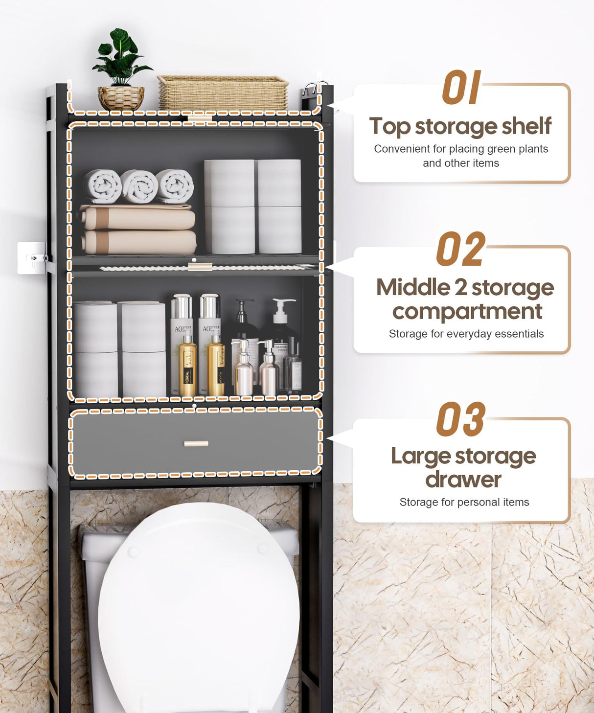 Cozivolife Over The Toilet Storage Cabinet with Drawer and Flip Door, Bamboo Bathroom Organizer Shelf with Anti-Tip Design and Waterproof Feet Pad,Freestanding Rack Above WC Space Saver (Black) Cozivolife