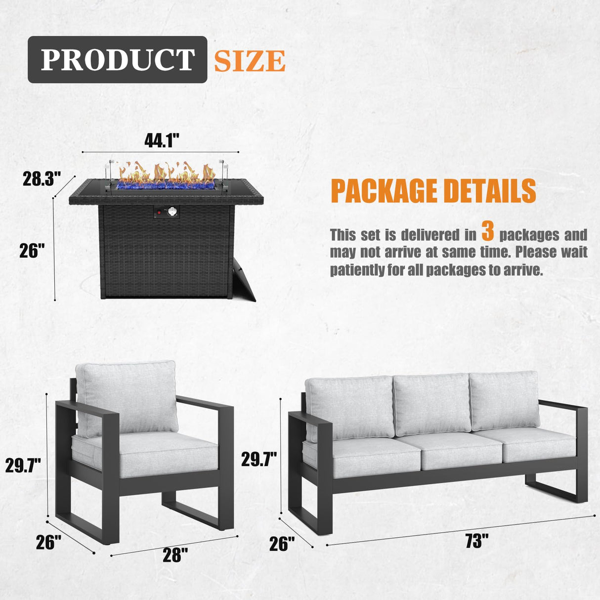 Vakollia Outdoor Aluminum Furniture Set with Fire Pit Table - 4 Pieces Modern Patio Conversation Sets Metal Sectional Sofa Set Vakollia