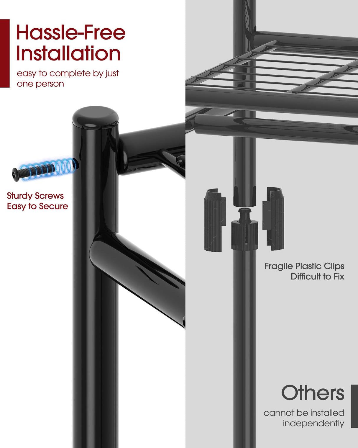 Sakugi Heavy-Duty Clothes Rack - 33.0" x 12.2" x 74.2" Clothing Rack with Shelves & Wheels, Multi-Functional Wardrobe Closet with Hooks, Sturdy Metal Garment Rack for Bedroom, Laundry, Balcony (Black) Sakugi