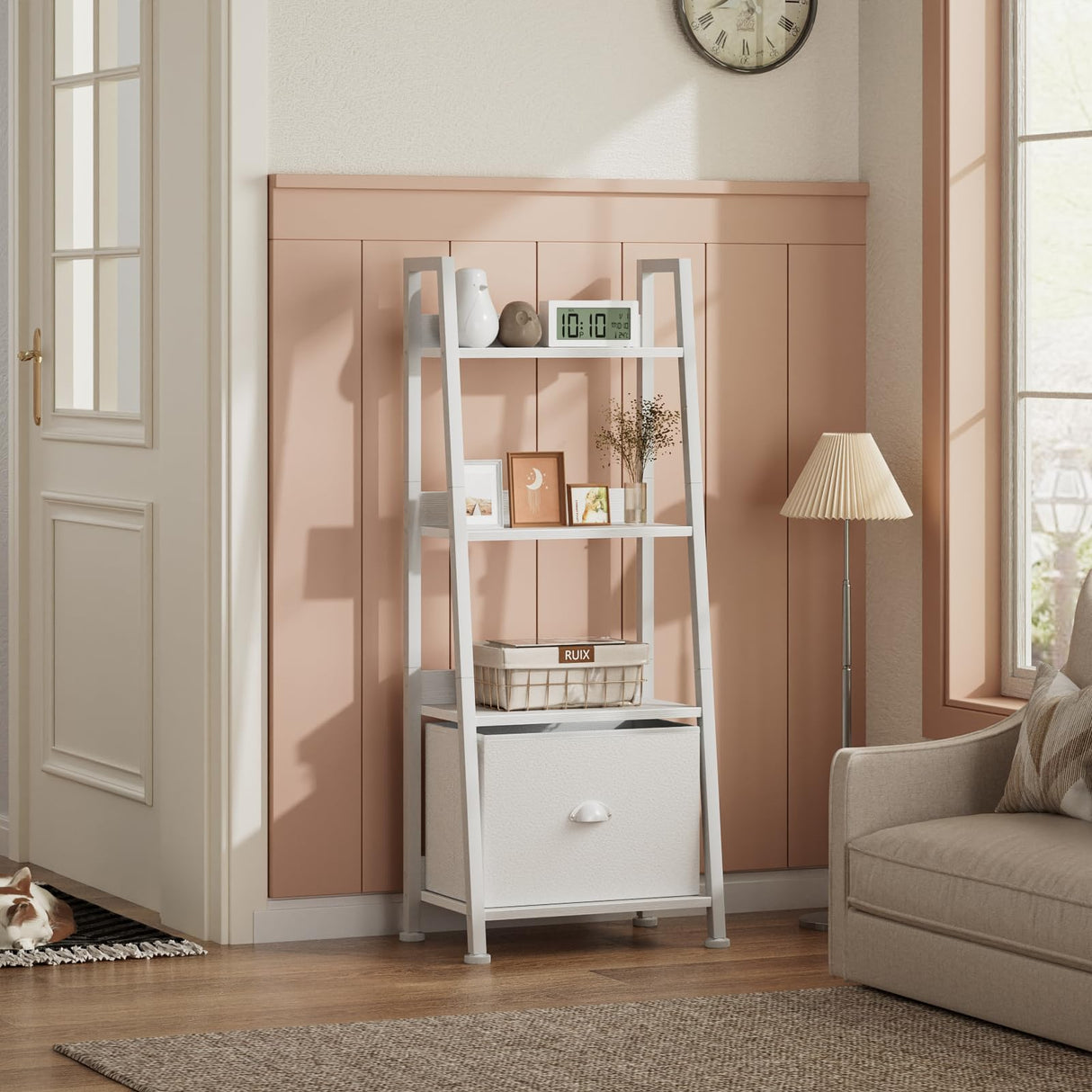 Furologee 4-Tier White Ladder Shelf, Ladder Bookshelf with Removable Drawer, Bookcase Storage Rack Organizer, Freestanding Storage Shelves for Living Room, Home Office, Bedroom Furologee