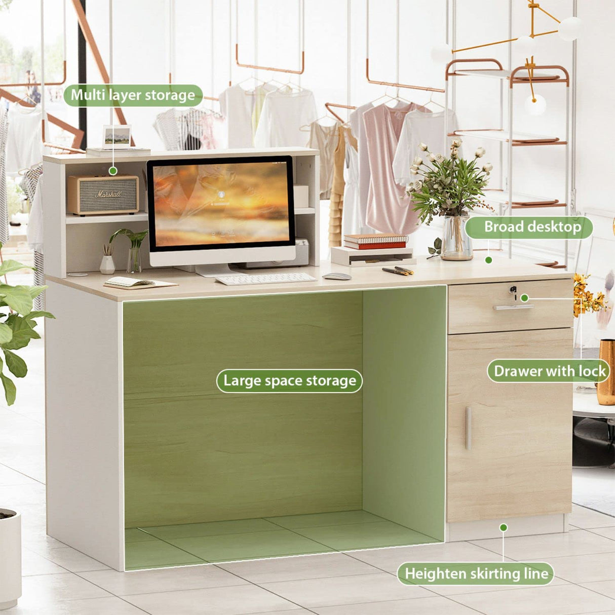 FAMAPY Reception Desk Retail Counter with Lockable Drawer & Shelves, Front Desk Reception Table for Salon Lobby Shop White and Oak 55.1'W x 23.6'D x 43.3'H FAMAPY