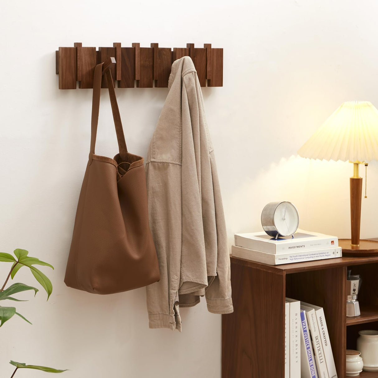 QUELLANCE Wood Coat Rack Wall Mount, Coat Hooks Hanger Wall Mounted, Heavy Duty Wall Coat Rack with 6 Hooks for Hanging Coats/Keys/Hats/Robe&Towels/Plants/Bags, Walnut QUELLANCE