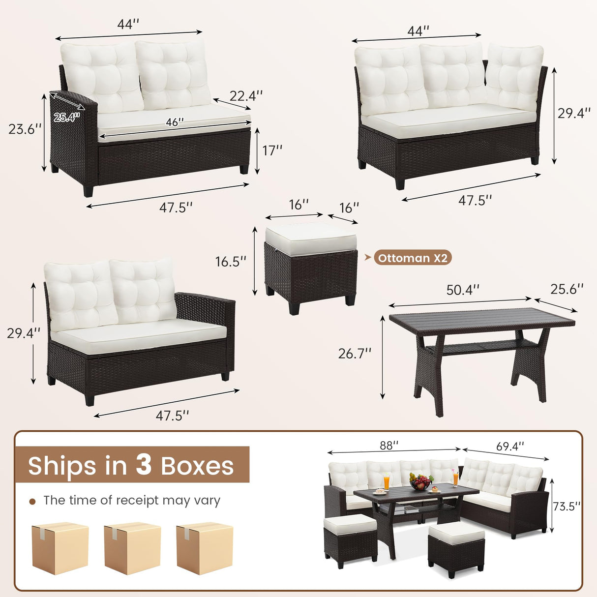 KROFEM 6-Piece Outdoor Patio Furniture Set - Sectional Sofa, Dining Table & Chairs Included, All-Weather Dining Set with Ottoman, Brown Wicker and White Cushions KROFEM