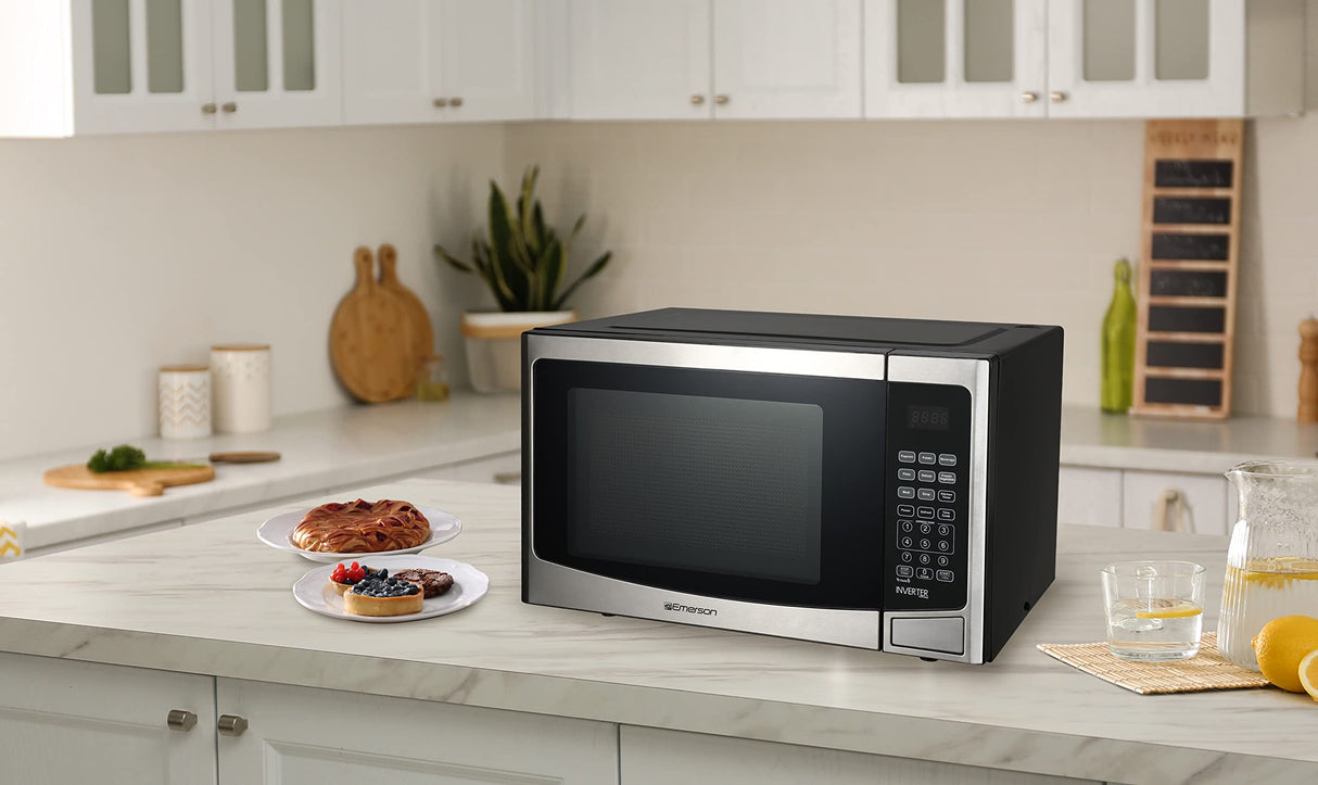 Emerson MWI1212SS Countertop Microwave Oven with Inverter and Button Control, LED Display 1000W 10 Power Levels, 8 Auto Menus, Glass Turntable and Child Safe Lock, 1.2 Cu. Ft, Stainless Steel Emerson