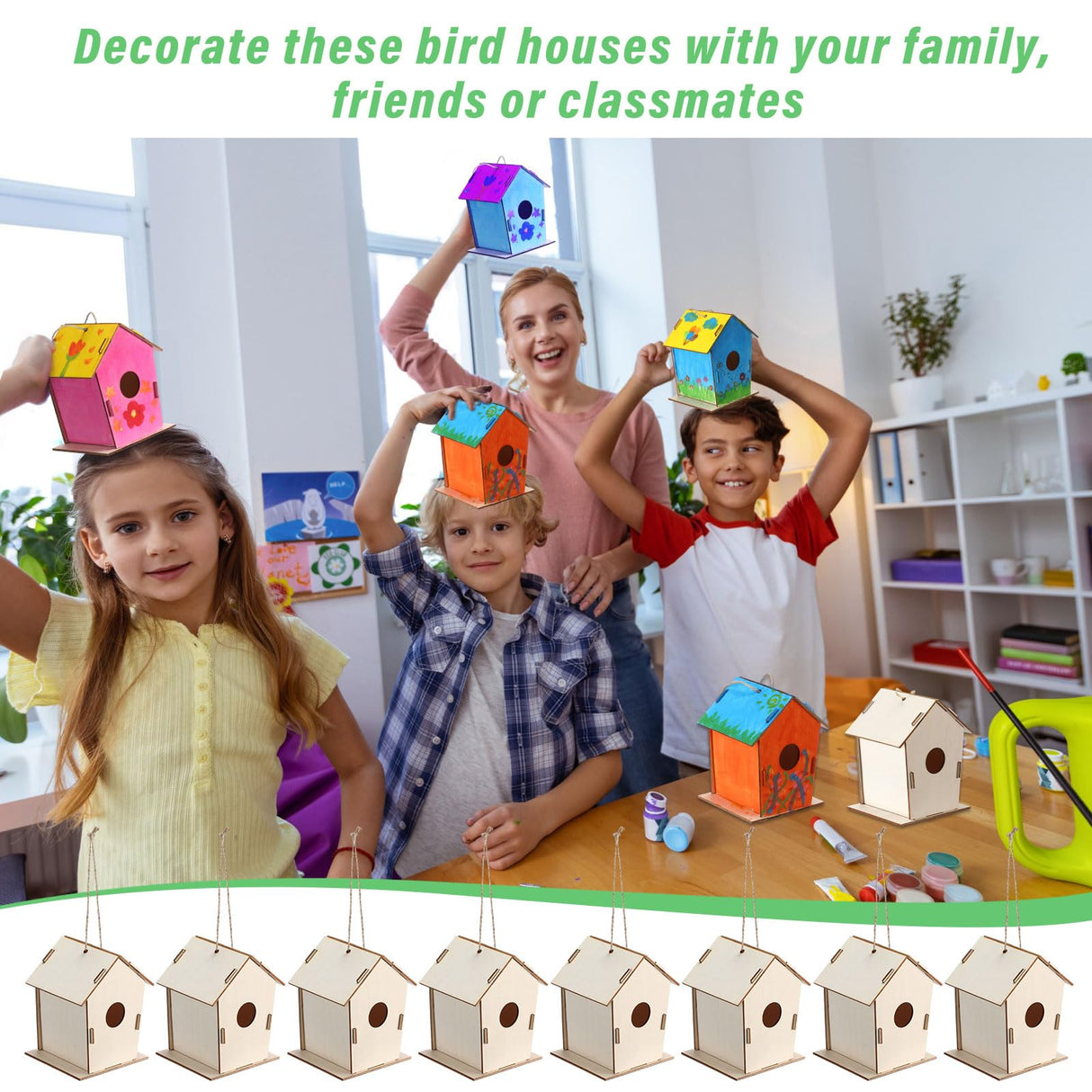 DoubleFill 12 Pcs Bulk 6.3'' Wooden Bird Houses Kits for Kids to Build DIY Unfinished Wood Birdhouses to Paint Wood Arts and Crafts Birthday Gifts for Girls Boys Crafts Class Parties DoubleFill