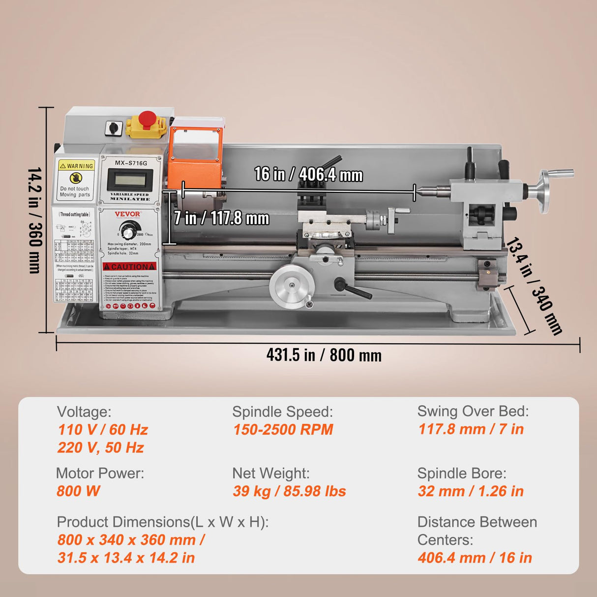 VEVOR 7'' x 16'' Metal Lathe Machine, 800W Precision Benchtop Power Metal Lathe, 150-2500 RPM Continuously Variable Speed, with 3.9'' 3-jaw Metal Chuck Come with Tool Box VEVOR