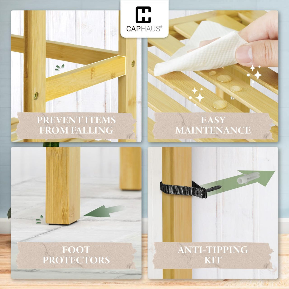 CAPHAUS 5-Tier Adjustable Bamboo Storage Shelf - Multifunctional Organiser for Home & Garden CAPHAUS