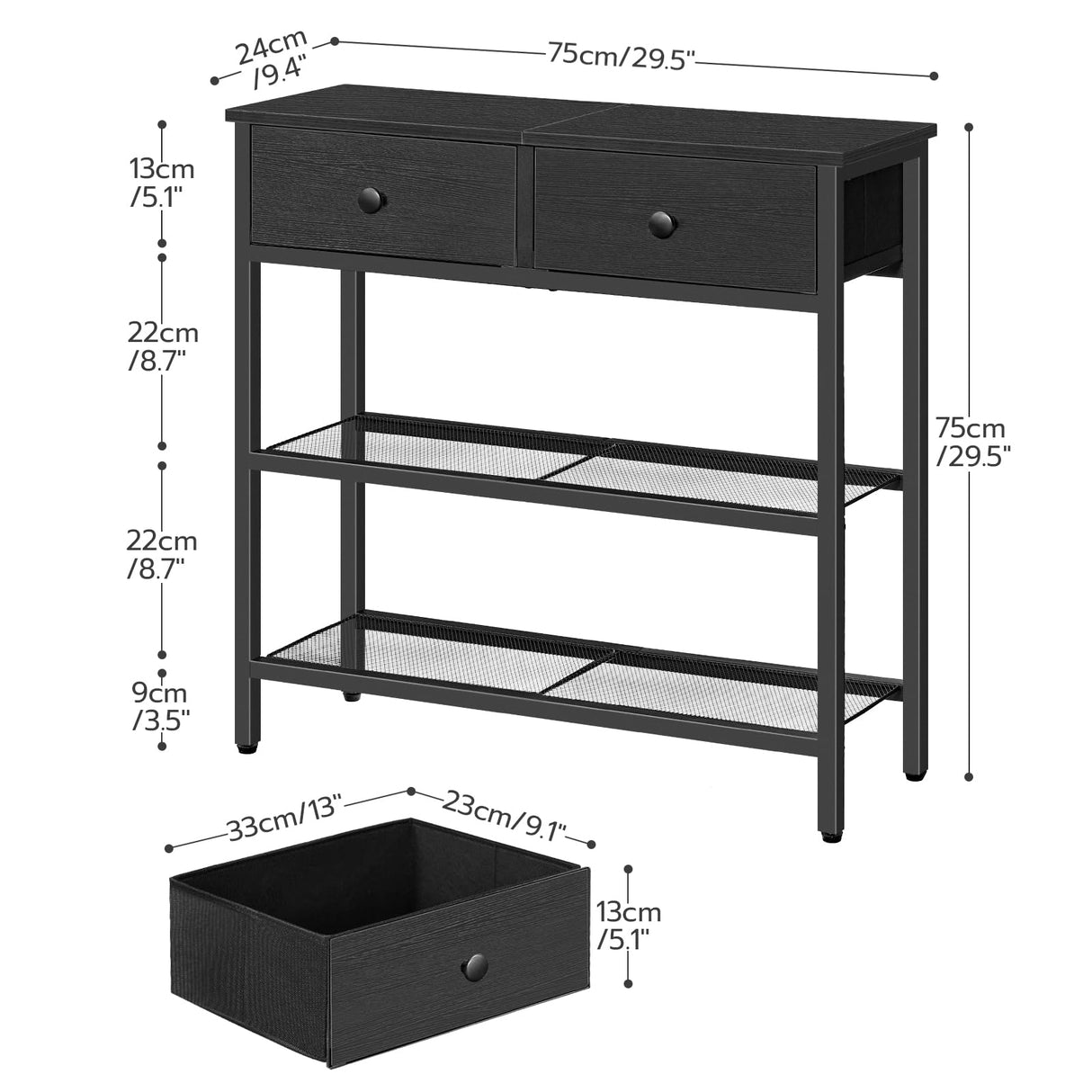 HOOBRO 29.5" Narrow Console Table with 2 Fabric Drawers, Small Entryway Table with 3-Tier Storage Shelves, Thin Sofa Table, Side Table, for Living Room, Hallway, Black BB72XG01 HOOBRO