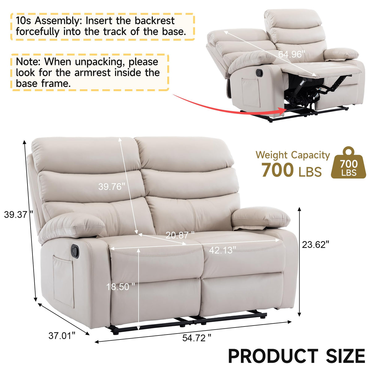 GNMLP2020 Reclining Loveseat, Leather Double Recliner Sofa with Side Pocket, Wall Hugger Loveseat Recliner for Living Room, RV, Home Theater(Beige) GNMLP2020