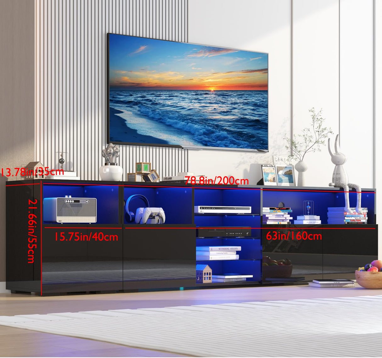 jiteentarou 79IN LED TV Stand for 75/80/85inch TV,High Glossy Modern TV Stand for Living Room,TV Entertainment Center with Adjustable Storage Shelf,RGB LED Lighting,TV Console(Black) jiteentarou