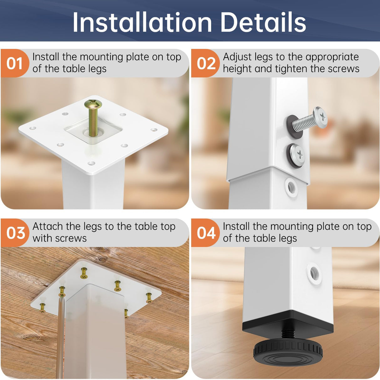 POROHOM 4PCS Adjustable Square Table Leg (14-24inch),Metal Desk Legs, Home Office DIY Furniture Leg Set for Tables, DIY desks, Counter Tops, Kitchen Tables,Office Desk(White) POROHOM