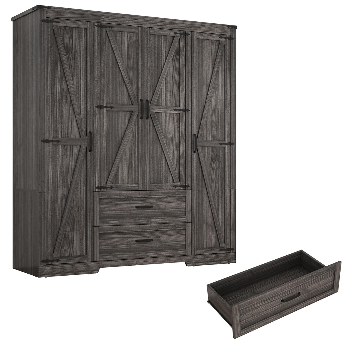 Hlivelood 4 Doors Wardrobe Armoire Closet with Doors and Drawers, Farmhouse Wooden Armoire Storage Cabinet with Shelves & Hanging Rod for Bedroom, Grey Hlivelood