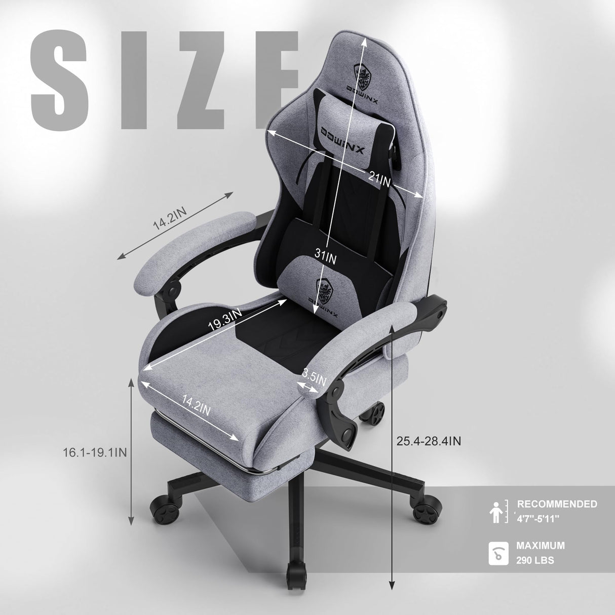 Dowinx Gaming Chair Fabric with Pocket Spring Cushion, Massage Game Chair Cloth with Headrest, Ergonomic Computer Chair with Footrest 290LBS, Black and Grey Dowinx